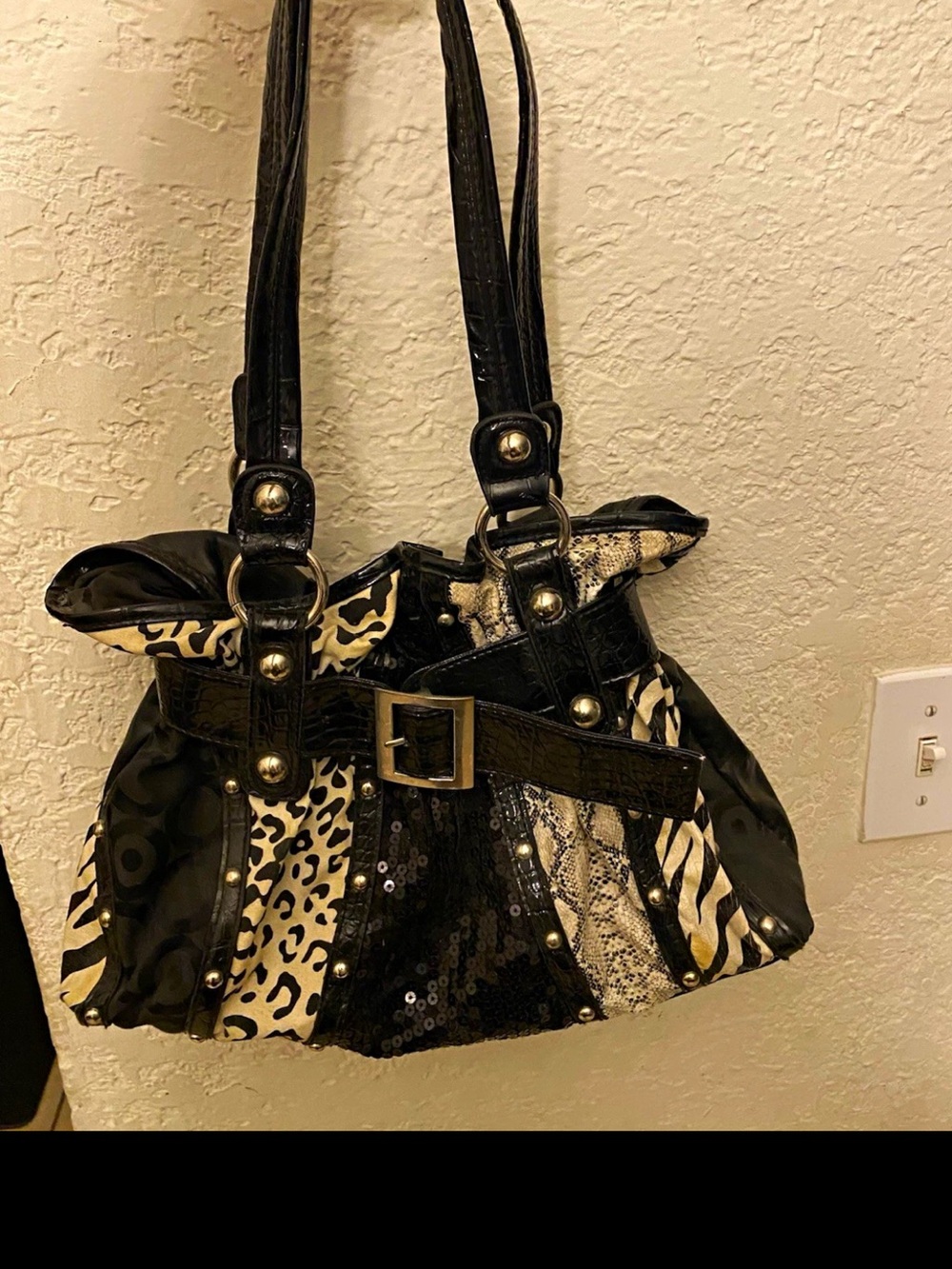 Vintage Y2K Chateau Black/White Animal Print  Satchel Top Handle Medium Sequin